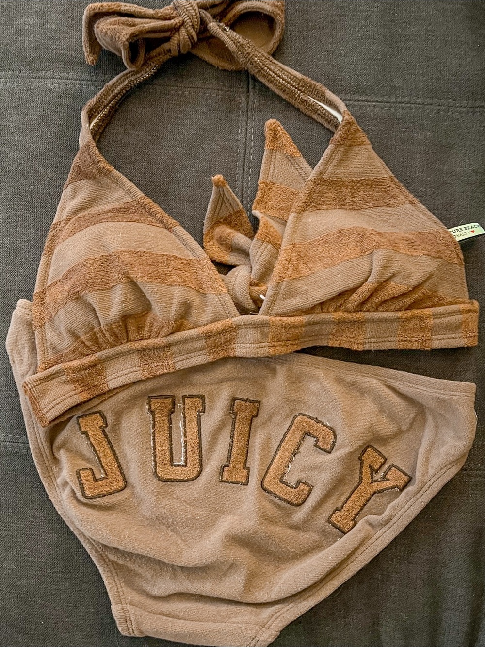Y2K Juicy Couture Brown Striped Terry Bikini Set Large Top Medium Bottom